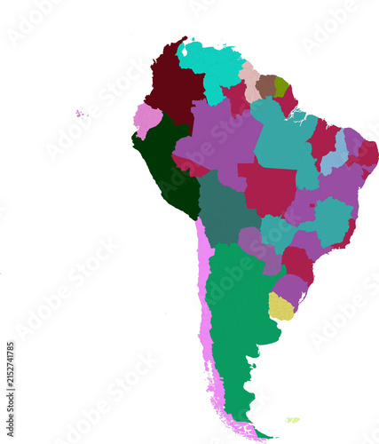 Map of south america with colorful administrative divisions isolated on transparent background