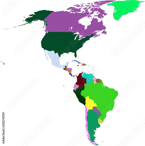 Map of the americas with different countries colored isolated on transparent background