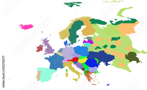 Colorful political map of europe showing countries and regions in distinct colors, isolated on transparent background