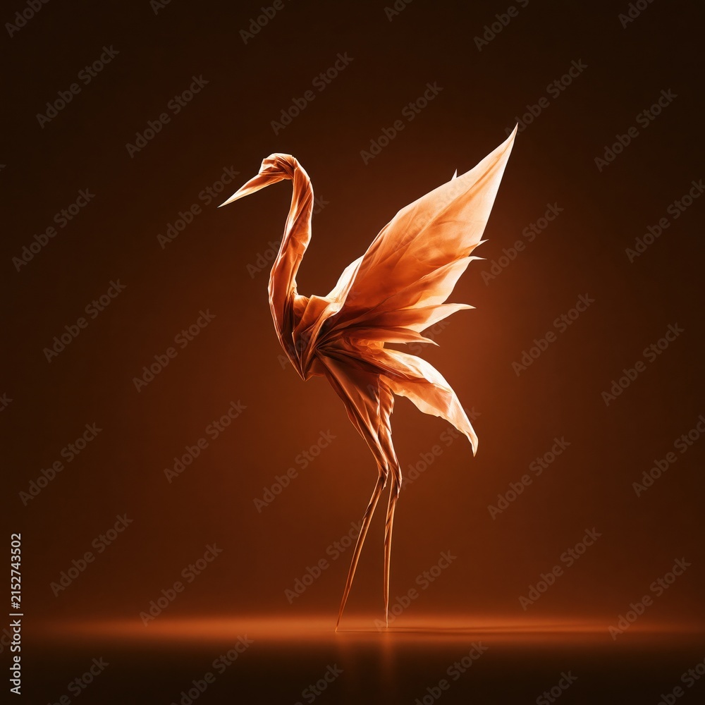 Obraz premium Beautiful and intricate origami crane made of shimmering gold paper, featuring dramatic macro photography with warm ambient lighting on a dark background.
