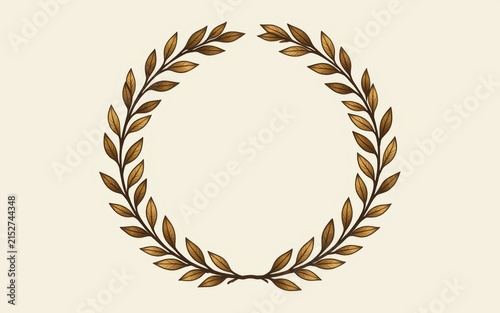 A simple laurel wreath with gold and black leaves on a light beige background.