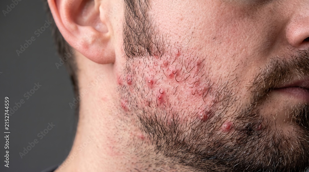 Naklejka premium Macro shot of severe folliculitis and inflamed acne pimples on man cheek and beard area skin condition