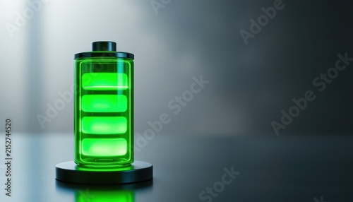 Green battery icon showing full charge on a dark reflective surface with light beams.