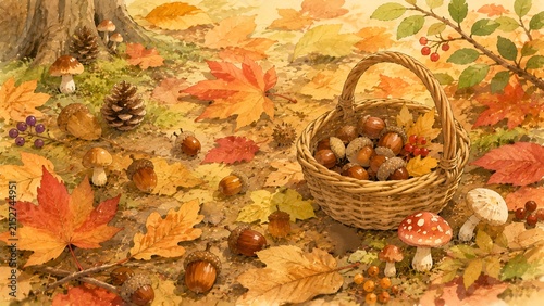 紅葉の落ち葉が積もる森の地面に置かれた木製バスケットに入ったどんぐりやキノコ
