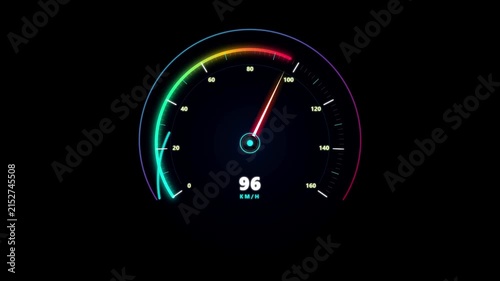 Digital speedometer accelerating with glowing neon lights