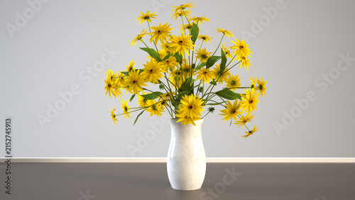 Cuadro en lienzo Yellow Flower Bouquet in White Vase on Gray Background