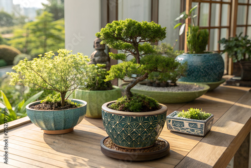 Elegant ceramic pots displaying healthy auspicious ornamental plants on wooden table, bright natural light