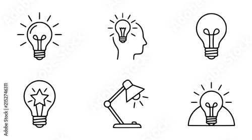 Minimalist vector line art set of glowing light bulb icons