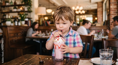 Commercial indoor lifestyle photography of a cute young toddler boy drinking a strawberry milkshake through a straw in a cafe – childhood joy, family dining, sweet treat, and restaurant marketing stoc
