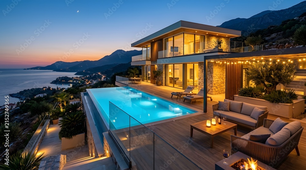 Fototapeta premium Luxury villa with infinity pool at sunset
