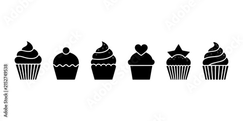 Set of realistic cupcakes with sprinkles, cream and icing isolated on transparent background. Silhouette icon vector