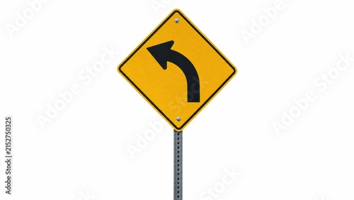 yellow road sign indicating a left curve ahead on a white background.