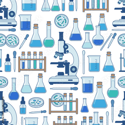 Seamless Pattern of Science Laboratory Equipment and Tools. EPS Editable. Vector Illustrations.
