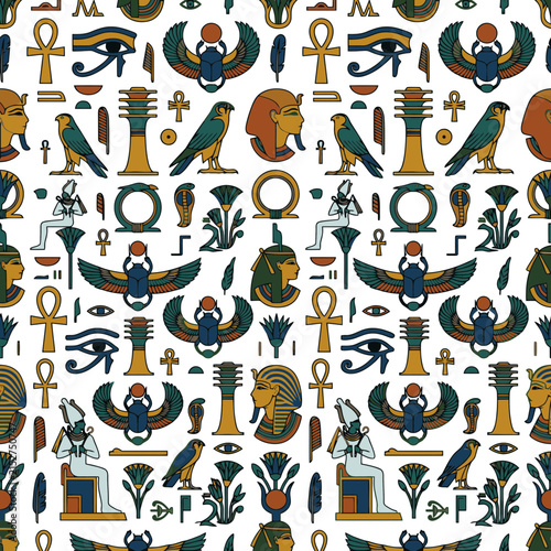 Seamless Pattern With Ancient Egyptian Symbols And Artifacts. EPS Editable. Vector Illustrations.