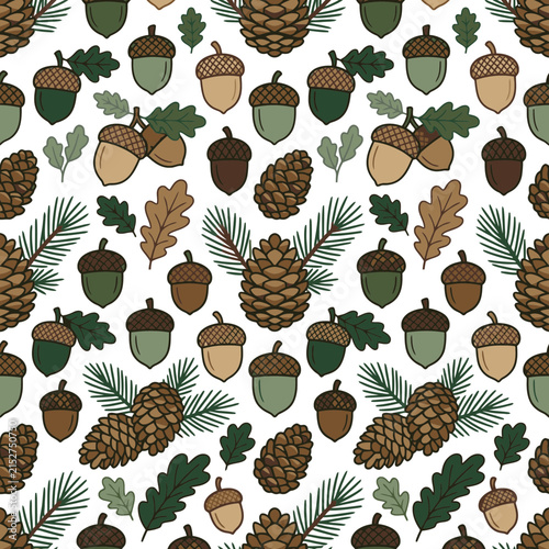 Seamless pattern with acorns pinecones and leaves. EPS Editable. Vector Illustrations.