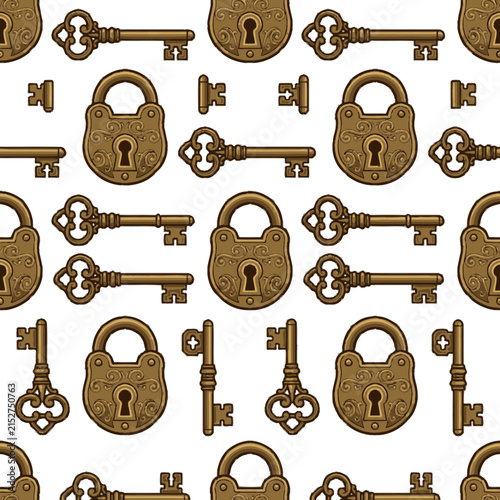 Seamless pattern with antique padlocks and old brass keys on white background. EPS Editable. Vector Illustrations.