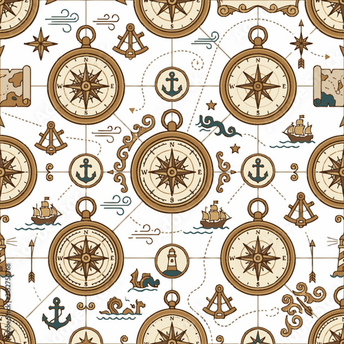 Seamless pattern with antique navigational instruments and compasses. EPS Editable. Vector Illustrations.