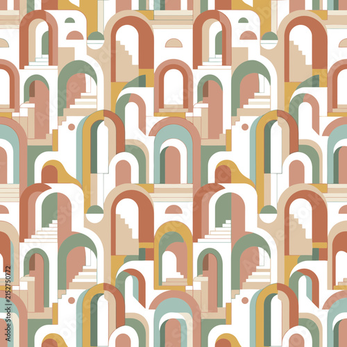 Seamless pattern with architectural arches and stairs in retro colors. EPS Editable. Vector Illustrations.
