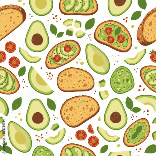 Seamless pattern with avocado toast and fresh ingredients. EPS Editable. Vector Illustrations.