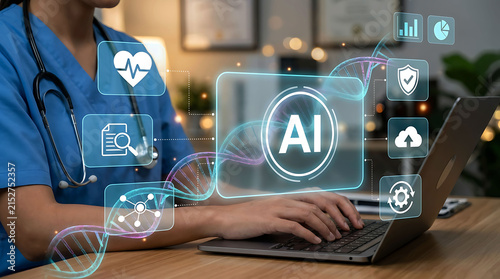 Female nurse using laptop with medical AI interface for patient care