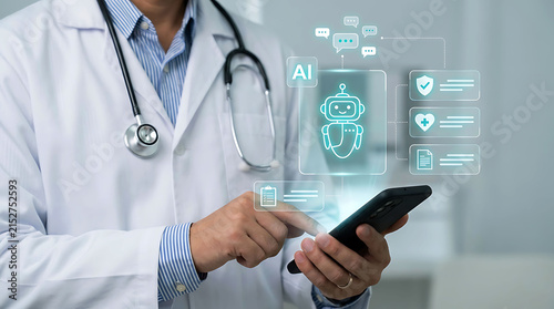 Doctor using AI chatbot medical assistant app on smartphone for health