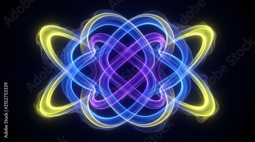 An abstract 3D plasma knot sculpture featuring intertwined glowing blue, purple, and yellow light rings against a dark background.