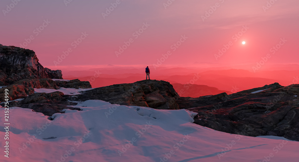 Naklejka premium Lone Hiker on Snowy Mountain Ridge at Pink Sunrise Over Misty Valleys, Solitude and Adventure