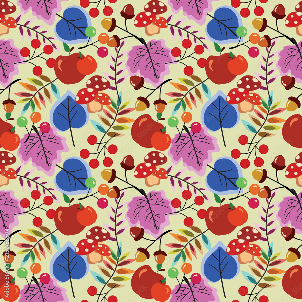 seamless floral pattern. Cute autumn seamless pattern featuring red apples, mushrooms, acorns, and colorful leaves on a cream background.
