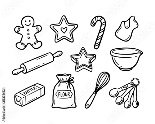 Set of Hand Drawn Christmas Baking Ingredients and Tools Icons.