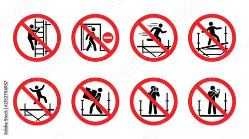 Crucial scaffolding safety warning signs depicting forbidden actions on construction sites for preventing accidents, ideal for safety manuals, training, and site regulations.