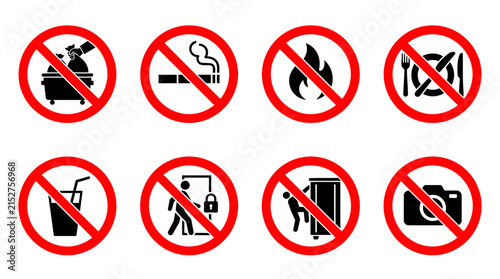 Standard circular prohibition signs with red borders on a white background, illustrating various forbidden activities, concept for safety regulations, public area rules, and policy communication.