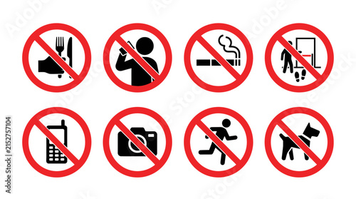 Clear prohibition signs on white background, showing restrictions for eating, phones, smoking, entry, photography, running, and pets, concept for safety regulations, public notices and rule