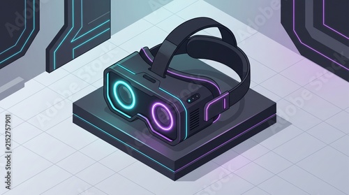 Isometric Virtual Reality Headset with Neon Glow