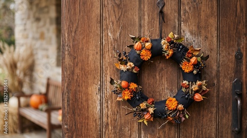 Halloween wreath featuring orange flowers and black spiders hanging on rustic wooden door for autumn home decoration in cozy seasonal style.