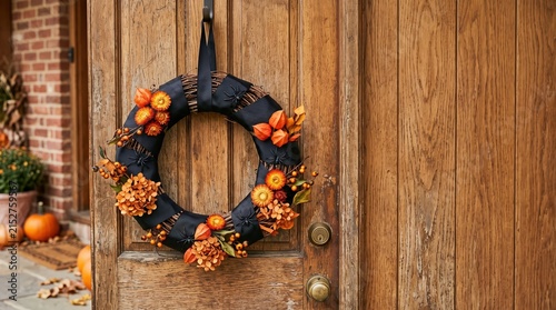 Autumn wreath with orange flowers and black ribbon hanging on rustic wooden door for seasonal home decoration during fall harvest celebration in cozy suburban neighborhood setting