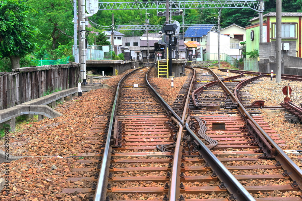 Fototapeta premium 複雑に分岐・交差する線路と転轍機などの鉄道インフラ設備