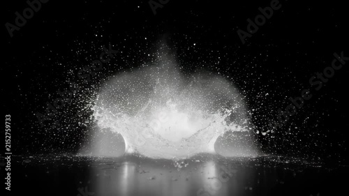Water droplet explosion with dynamic splash, fine spray, falling liquid macro impact on black background, isolated motion and clear water surface reflection