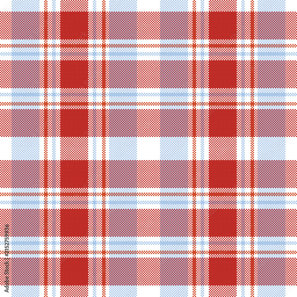 red and white tablecloth. Seamless red and blue plaid fabric pattern with traditional checkered style.