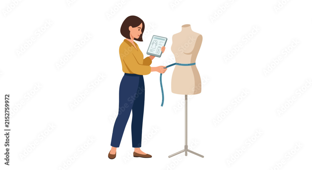 Fototapeta premium Female fashion designer measuring mannequin while using digital tablet for clothing design flat vector element