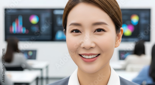 Smiling Asian businesswoman in a modern office with data visualization screens in the background.