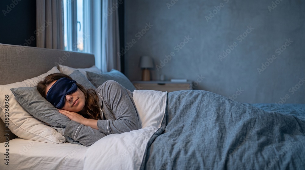 Obraz premium Woman sleeping peacefully in bed with a sleep mask at night