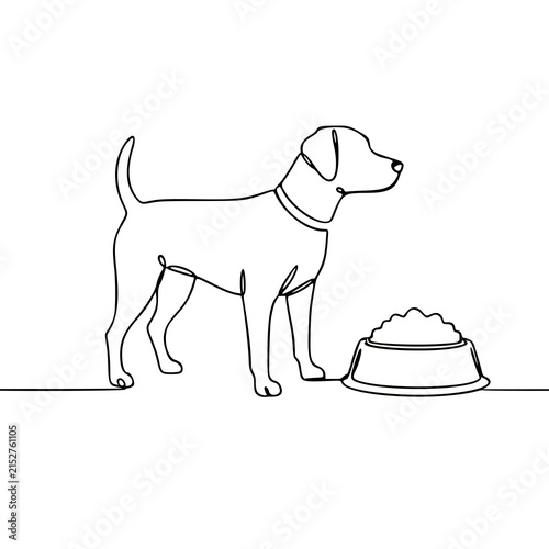 Dog Standing Beside Food Bowl Continuous Line Drawing