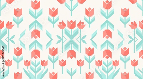 Geometric Floral Seamless Pattern with Red Tulips