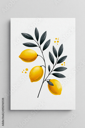 Lemon Branch Illustration A stylized illustration depicts a branch adorned with three ripe lemons and dark leaves, set against a crisp white backdrop. The composition is clean and minimalist.