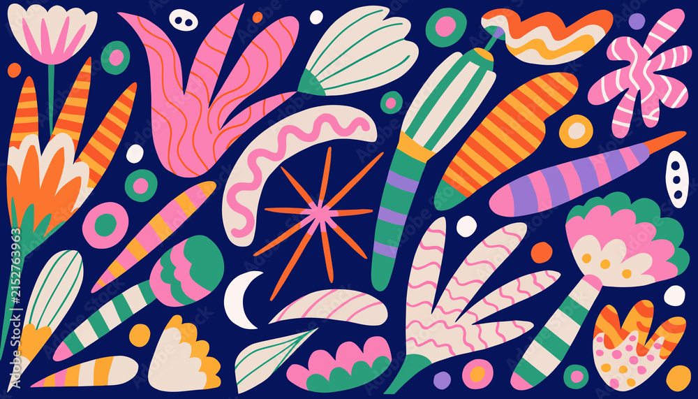 Naklejka premium Abstract Floral Pattern, Colorful Tropical Plants, Decorative Botanical Elements