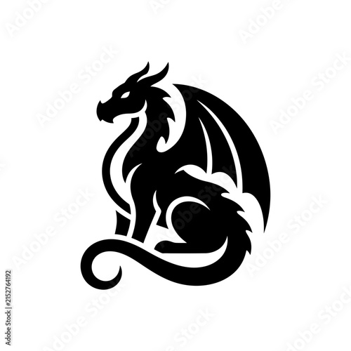 Stylized black silhouette of a sitting dragon with folded wings, depicted in a minimalist and iconic design.