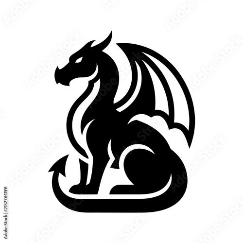 A stylized black silhouette of a mythical dragon with wings spread, sitting regally.