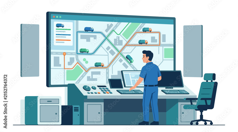 Fototapeta premium Professional logistics manager tracking delivery fleet on interactive digital map screen flat vector illustration