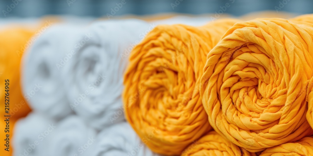 Fototapeta premium Yellow and white fabric rolls stacked in textile factory for circular economy fashion production and sustainable garment manufacturing processes