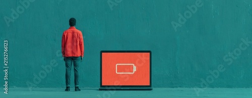 Person in red jacket standing before laptop with low battery icon on screen in conceptual digital art representing power depletion and exhaustion